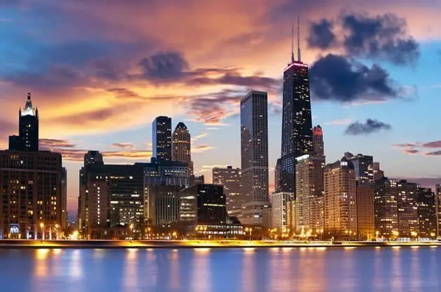 The Chicago skyline at dusk.